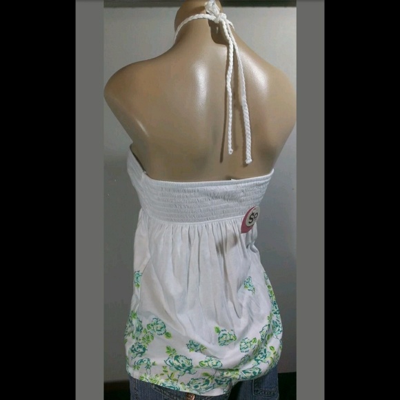 SO WHITE FLORAL HALTER TANK TUBE TOP SHIRT - Picture 3 of 8